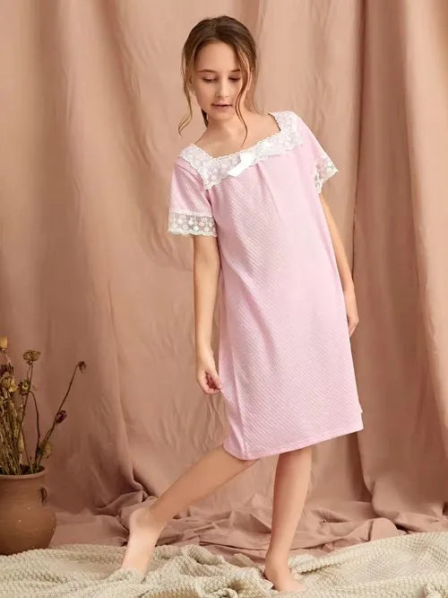 Girls Sleepwears Solid Lace Nightgown Dress Wholesale Factory