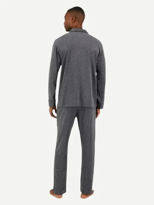 Wholesale Men's Piped Pajama Sets Linen Gray Long Sleeves Sleepwear