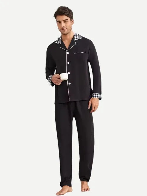 Men's Loungewear Set Plaid Collar Solid Long Sleeve Bamboo Pajamas