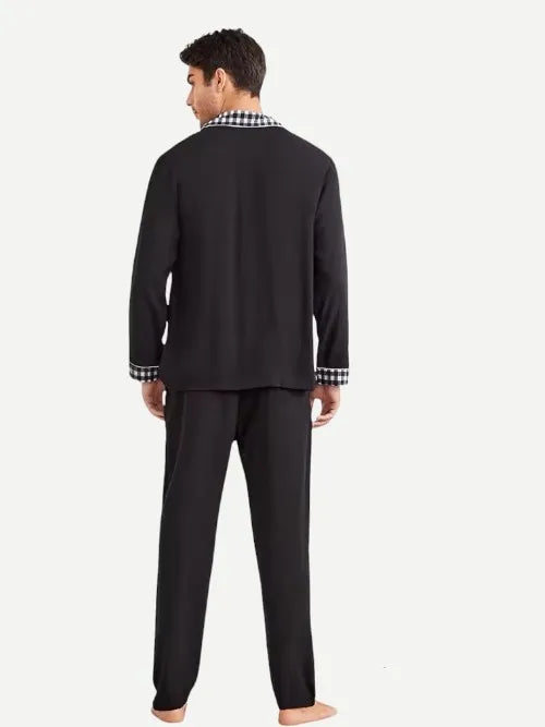 Men's Loungewear Set Plaid Collar Solid Long Sleeve Bamboo Pajamas