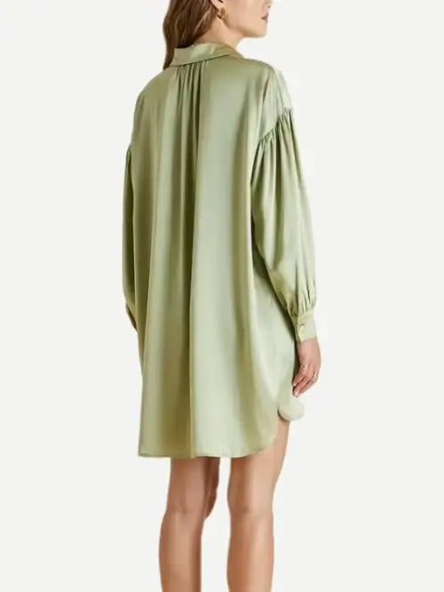 Luxury Custom Green Satin Silk Women Nightshirt Pajama Shirt Gathered Sleeve