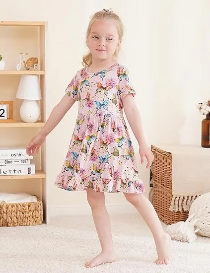 Custom Lovely Pattern Toddler Girls Short Sleeve Twirl Dress Vender