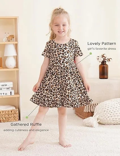 Cheetah Pattern Children's Short Sleeve Twirl Dress Wholesale