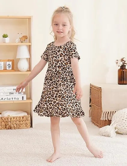 Cheetah Pattern Children's Short Sleeve Twirl Dress Wholesale