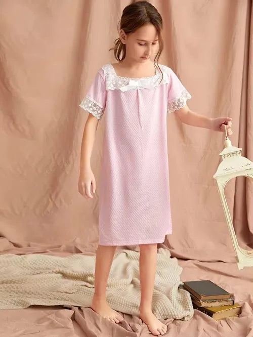 Girls Sleepwears Solid Lace Nightgown Dress Wholesale Factory