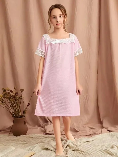 Girls Sleepwears Solid Lace Nightgown Dress Wholesale Factory