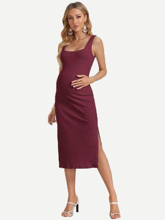 Maternity Split Thigh Rib-Knit Dresses OEM ODM