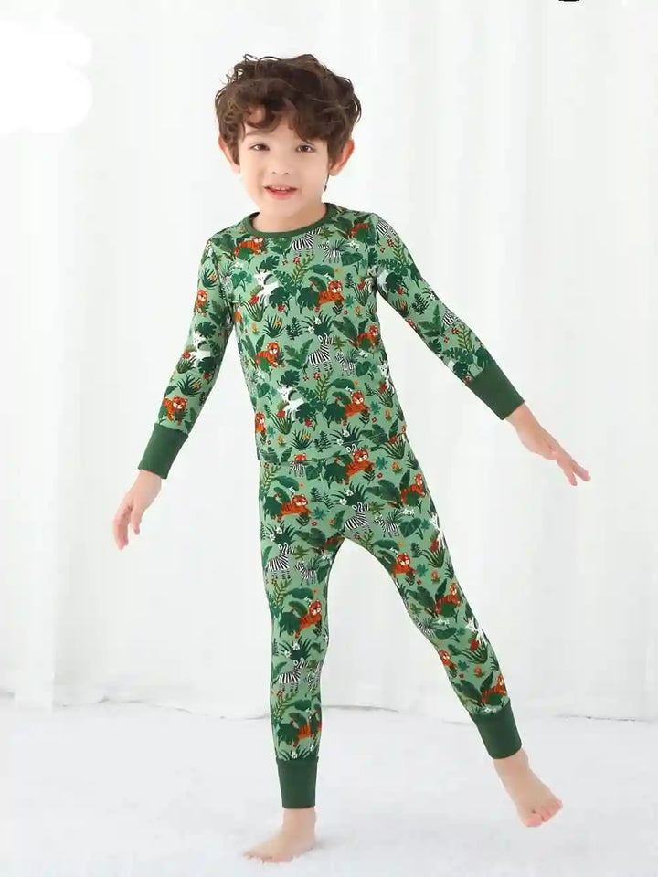 Wholesale organic kids pajamas with custom print designs.