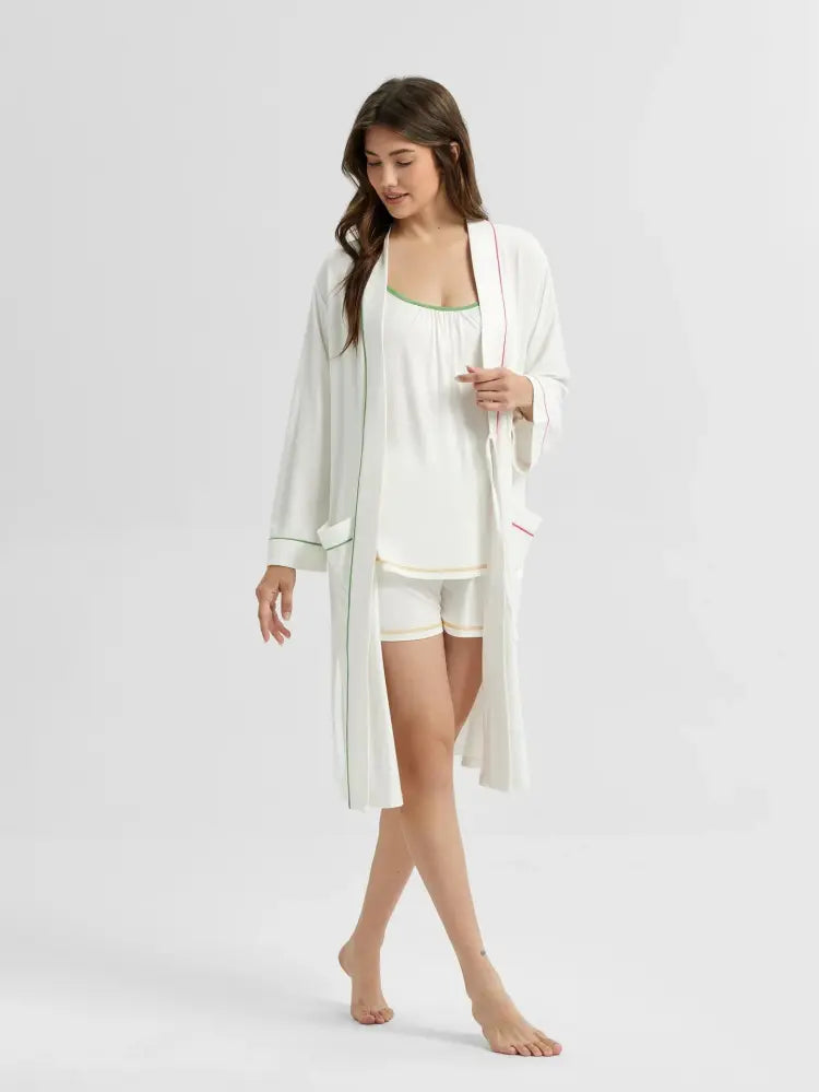 private label women pajamas set with piping trim bathrobe