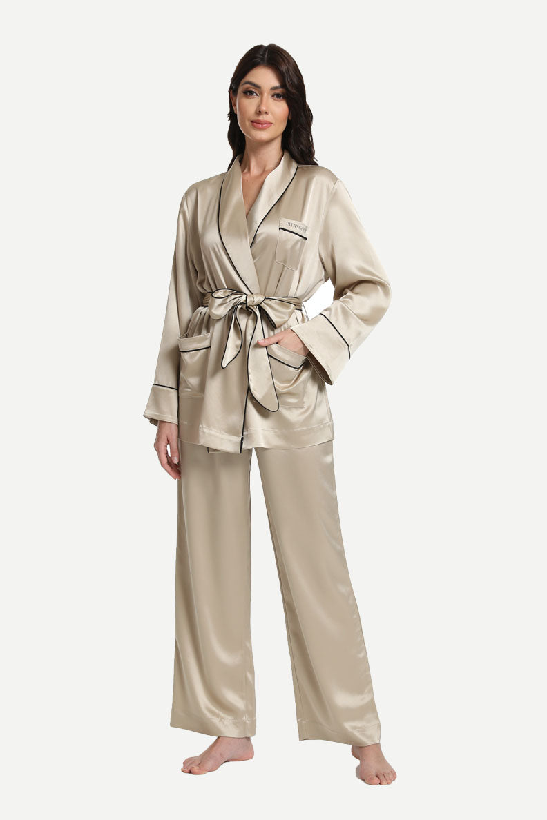 Wholesale Elegant Tie Women’s Satin Knit Cord Satin Pajamas Set-2311290049