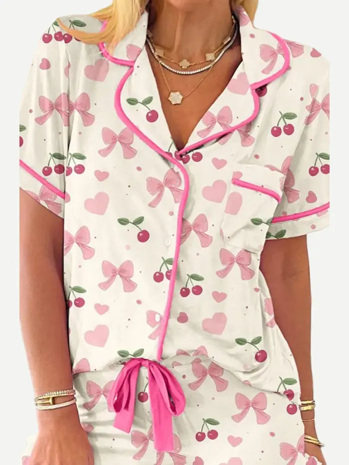 Wholesale cherry bow cotton pajama set for women