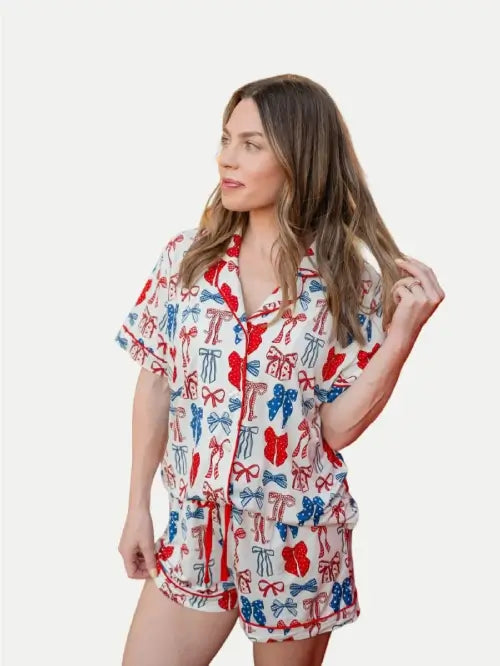Private label bow short pajama set matching sleepwear
