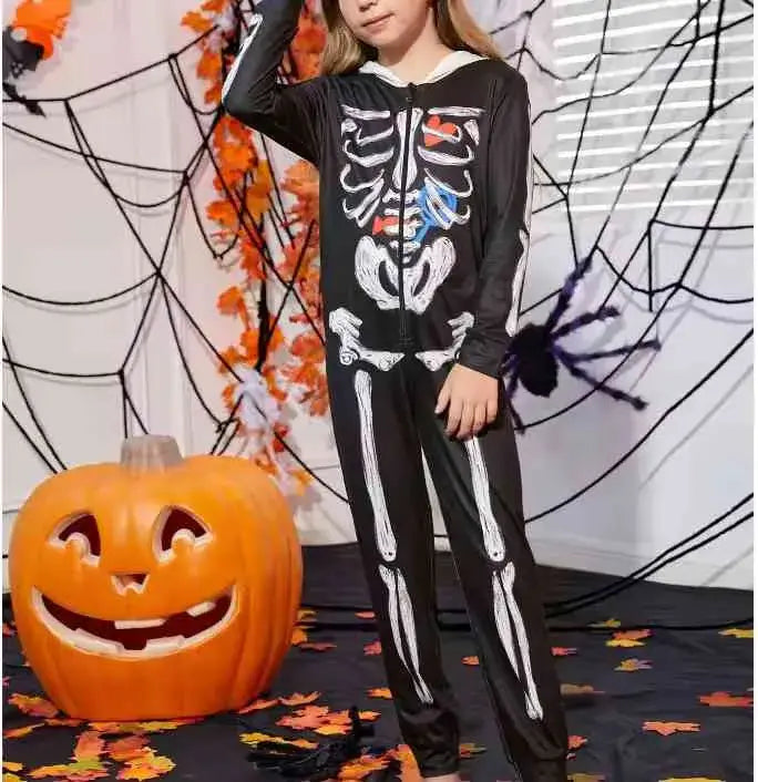 Halloween Skeleton Print Zip up Jumpsuit Bamboo Pajamas Onesie