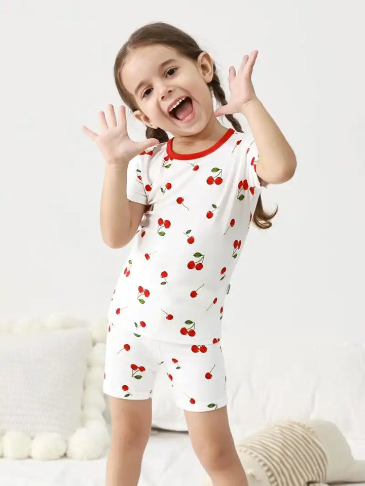  Bulk Kids Pj Sets Manufacturer Cherry Printing Summer Sleepwear 