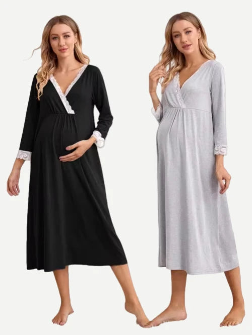 Bamboo Contrast Lace Surplice Front Maternity Nursing Night Dress