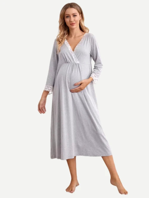 Bamboo Contrast Lace Surplice Front Maternity Nursing Night Dress