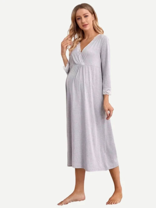 Bamboo Contrast Lace Surplice Front Maternity Nursing Night Dress