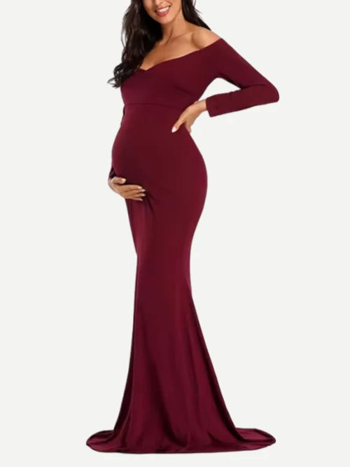 Custom Women Off Shoulder Ball Gowns V Neck Long Sleeve Maternity Dresses