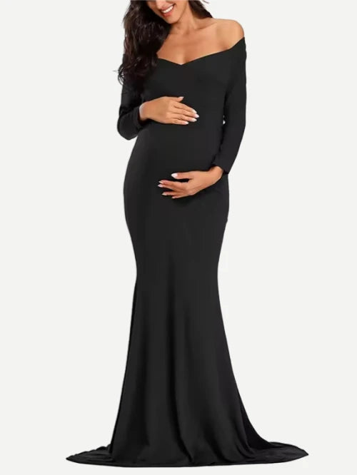 Custom Women Off Shoulder Ball Gowns V Neck Long Sleeve Maternity Dresses