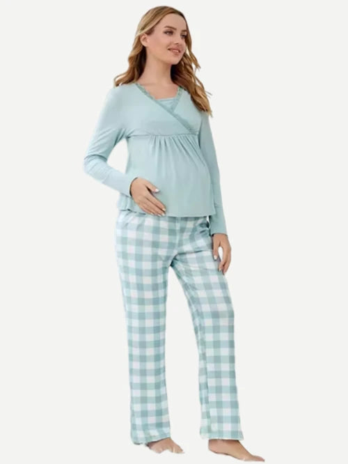 Lace Buffalo Plaid Print Adjustable Waist Maternity Breastfeeding Pajamas set