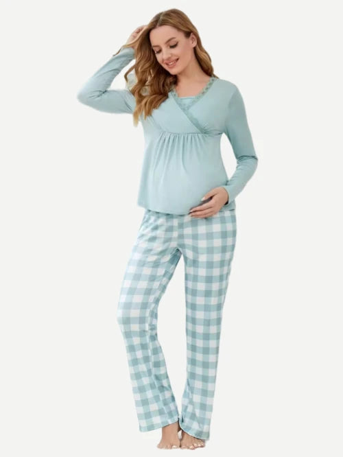 Lace Buffalo Plaid Print Adjustable Waist Maternity Breastfeeding Pajamas set