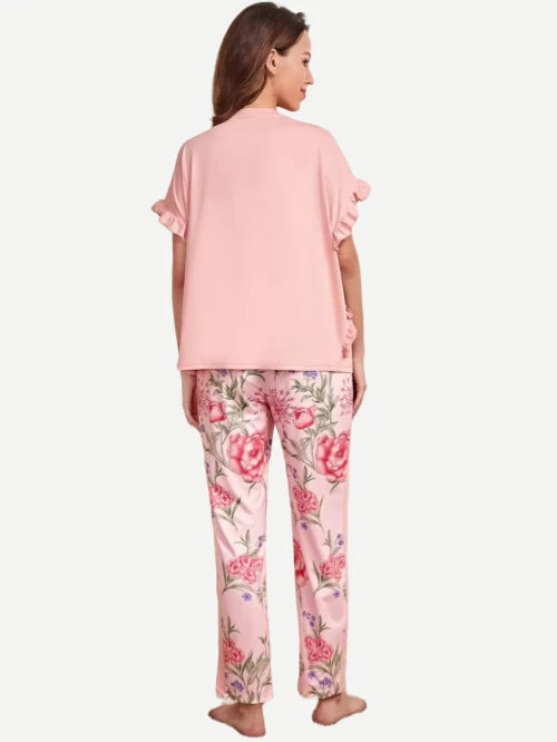 Pregnancy Solid Fill Trim T-shirts With Floral Pants Maternity Pajama Clothes