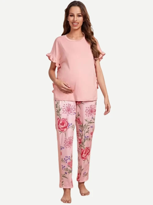 Pregnancy Solid Fill Trim T-shirts With Floral Pants Maternity Pajama Clothes