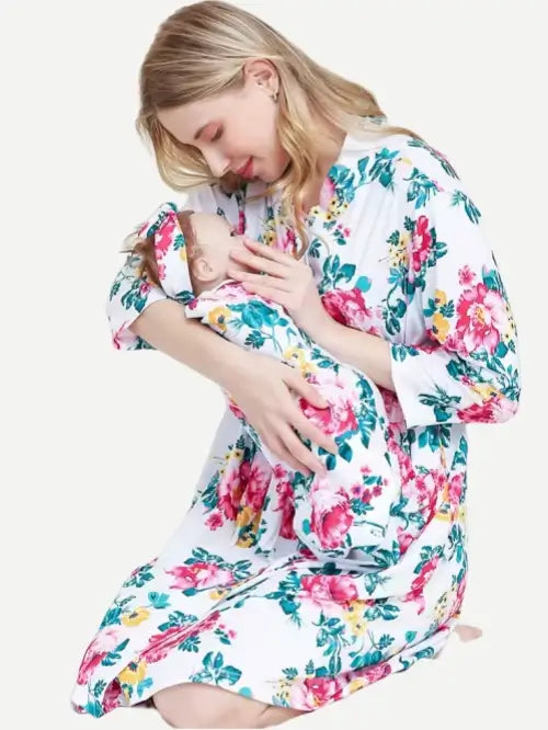 Maternity Robe Floral Printed Baby Blanket Headband Swaddle Robe