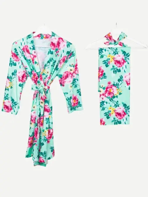 Maternity Robe Floral Printed Baby Blanket Headband Swaddle Robe