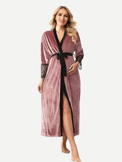 Maternity Lace Cuff Trim Robes Belted Velvet Sleepwear Flannel Robe