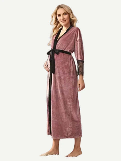 Maternity Lace Cuff Trim Robes Belted Velvet Sleepwear Flannel Robe