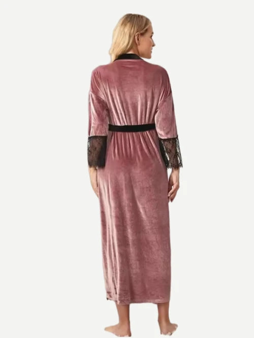 Maternity Lace Cuff Trim Robes Belted Velvet Sleepwear Flannel Robe