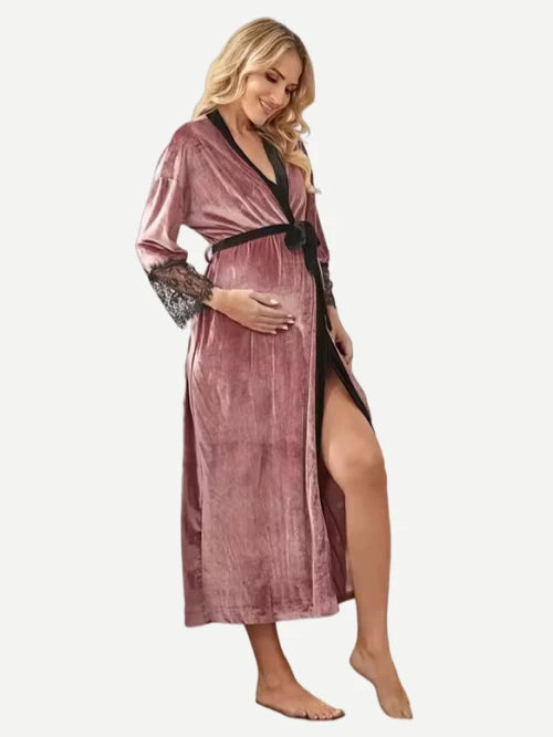 Maternity Lace Cuff Trim Robes Belted Velvet Sleepwear Flannel Robe