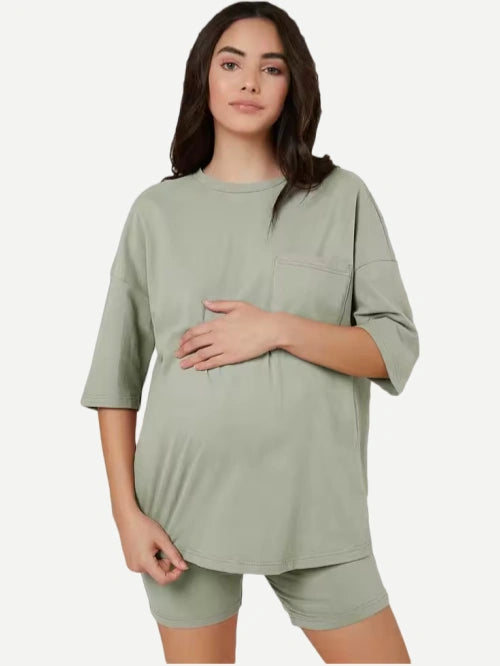 Casual Maternity Clothing Women's Drop Shoulder Tee and Legging Shorts