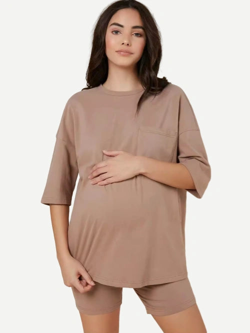 Casual Maternity Clothing Women's Drop Shoulder Tee and Legging Shorts