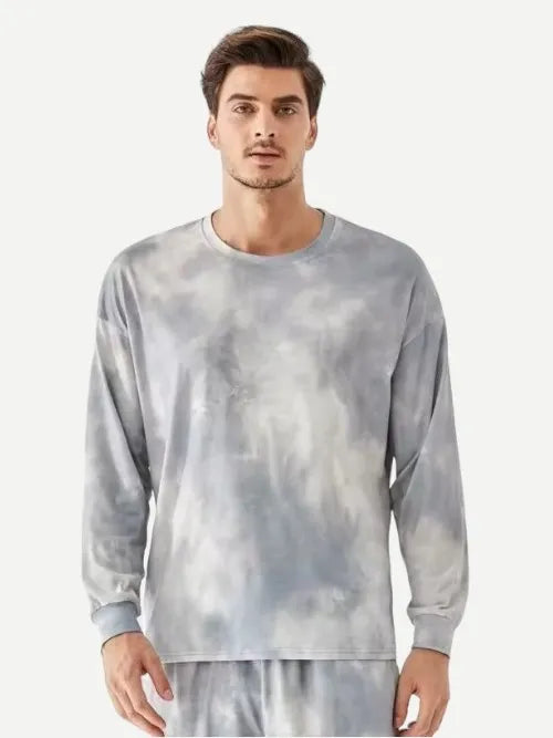 Custom Tie Dye Cotton Long Sleeve Loungewear Men Top with Shorts