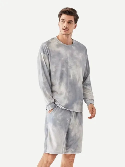 Custom Tie Dye Cotton Long Sleeve Loungewear Men Top with Shorts