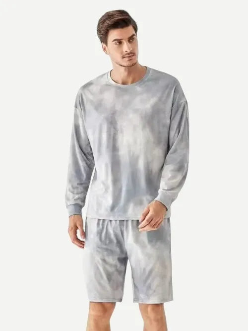 Custom Tie Dye Cotton Long Sleeve Loungewear Men Top with Shorts