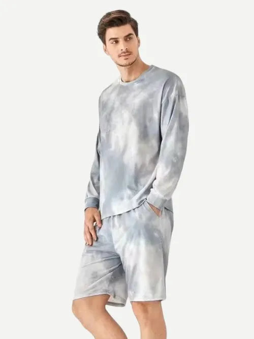 Custom Tie Dye Cotton Long Sleeve Loungewear Men Top with Shorts