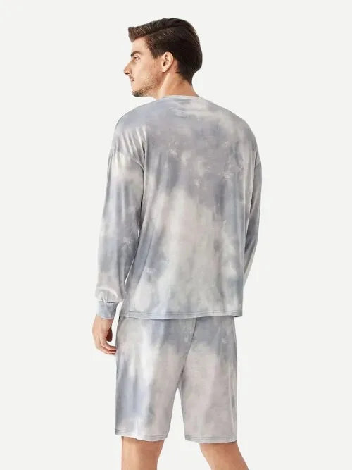 Custom Tie Dye Cotton Long Sleeve Loungewear Men Top with Shorts