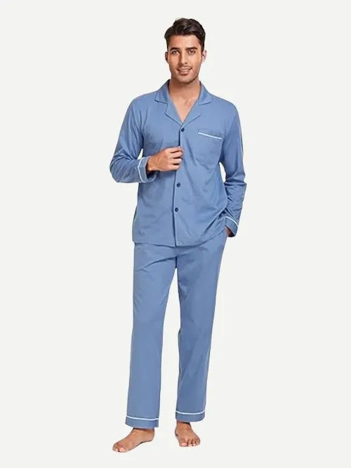 Men's Piped Pajama Sets Long Sleeves Trousers With Pockets Wholesale