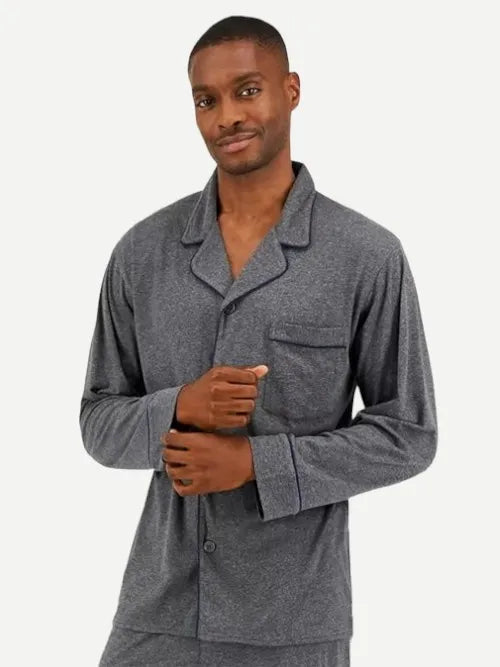 Wholesale Men's Piped Pajama Sets Linen Gray Long Sleeves Sleepwear