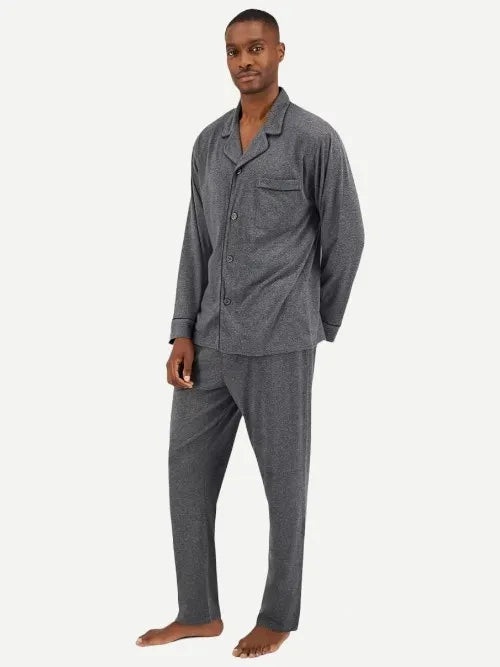 Wholesale Men's Piped Pajama Sets Linen Gray Long Sleeves Sleepwear