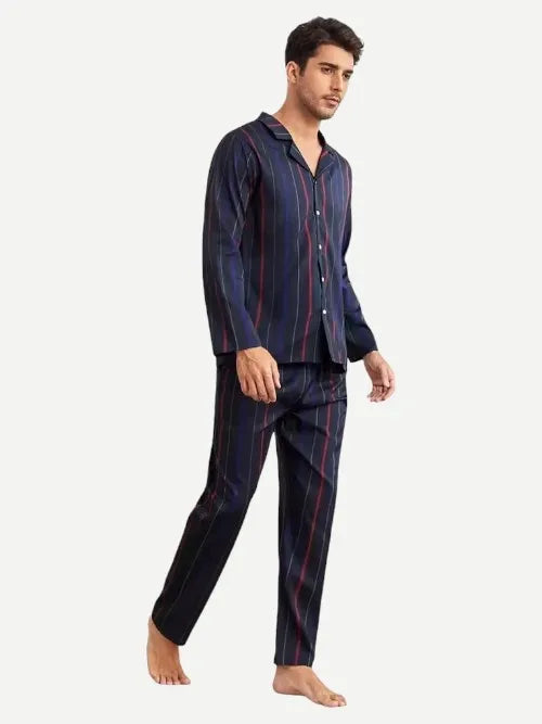 Men's Sleepwear Notch Collar Contrast Piping Dark Striped Bamboo Pajamas