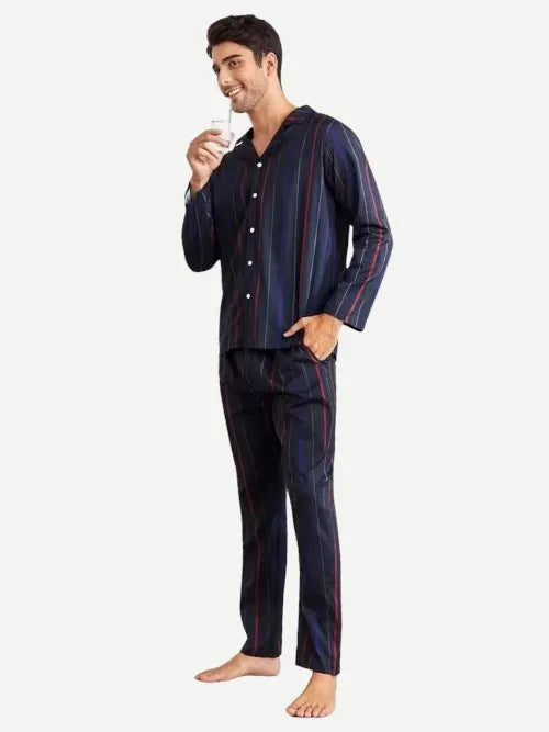 Men's Sleepwear Notch Collar Contrast Piping Dark Striped Bamboo Pajamas