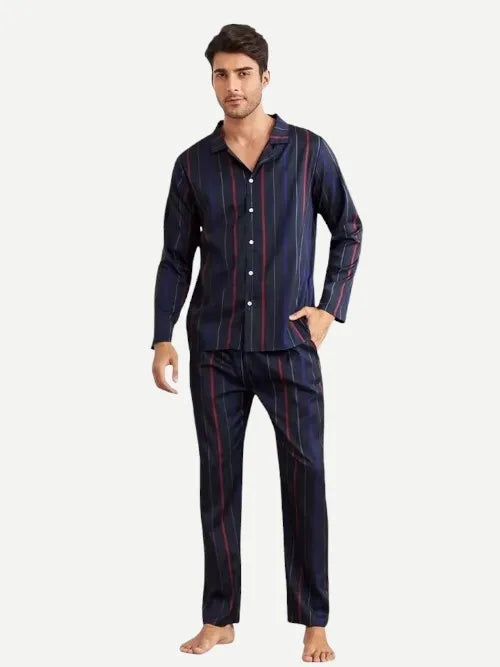 Men's Sleepwear Notch Collar Contrast Piping Dark Striped Bamboo Pajamas