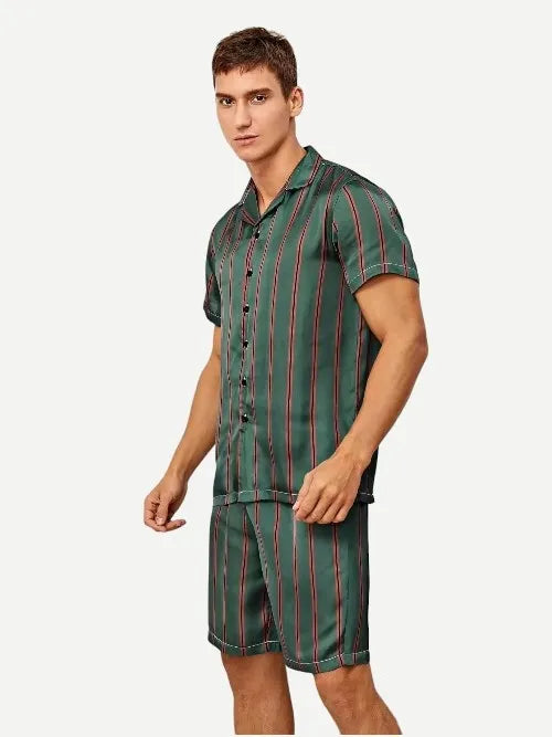 Men's Satin Pyjamas Summer Striped Button Front Silk Pajama Set Bulk