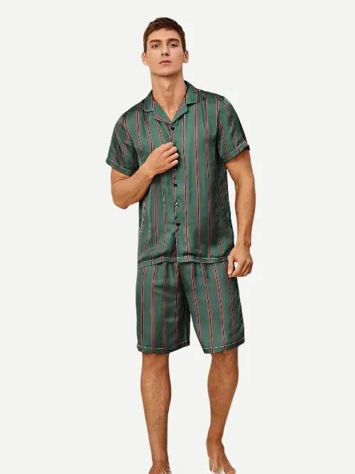 Men's Satin Pyjamas Summer Striped Button Front Silk Pajama Set Bulk