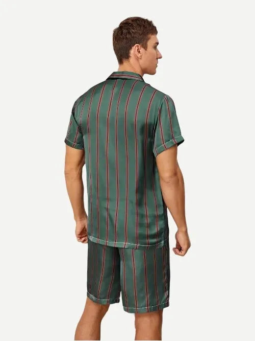 Men's Satin Pyjamas Summer Striped Button Front Silk Pajama Set Bulk