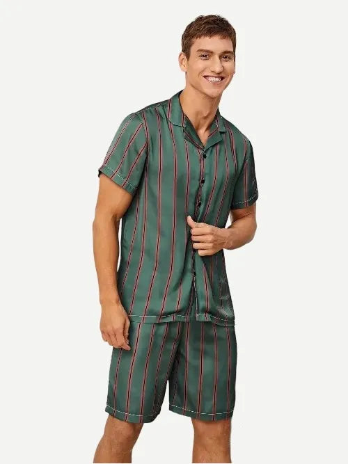 Men's Satin Pyjamas Summer Striped Button Front Silk Pajama Set Bulk